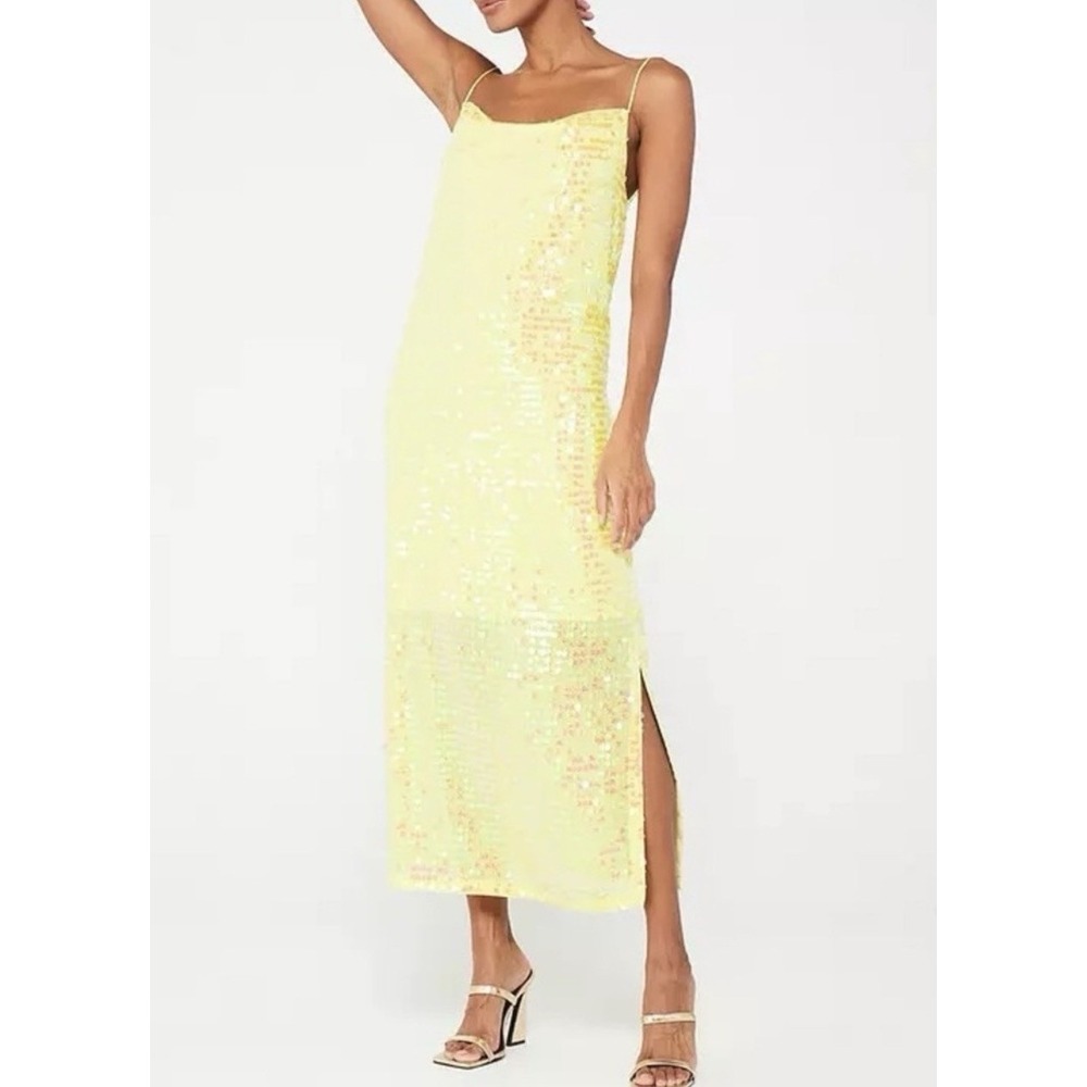 HUGO Koniya-1 Sequin‎ Dress Womens 4 Yellow Cowl Neck Open Back Midi Glam Party